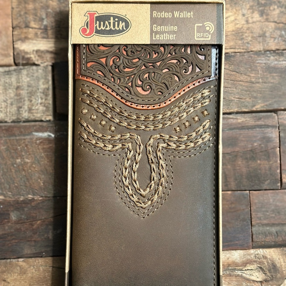 Justin Boots Russet Inlay Brown Leather Rodeo RFID Wallet with Intricate Design